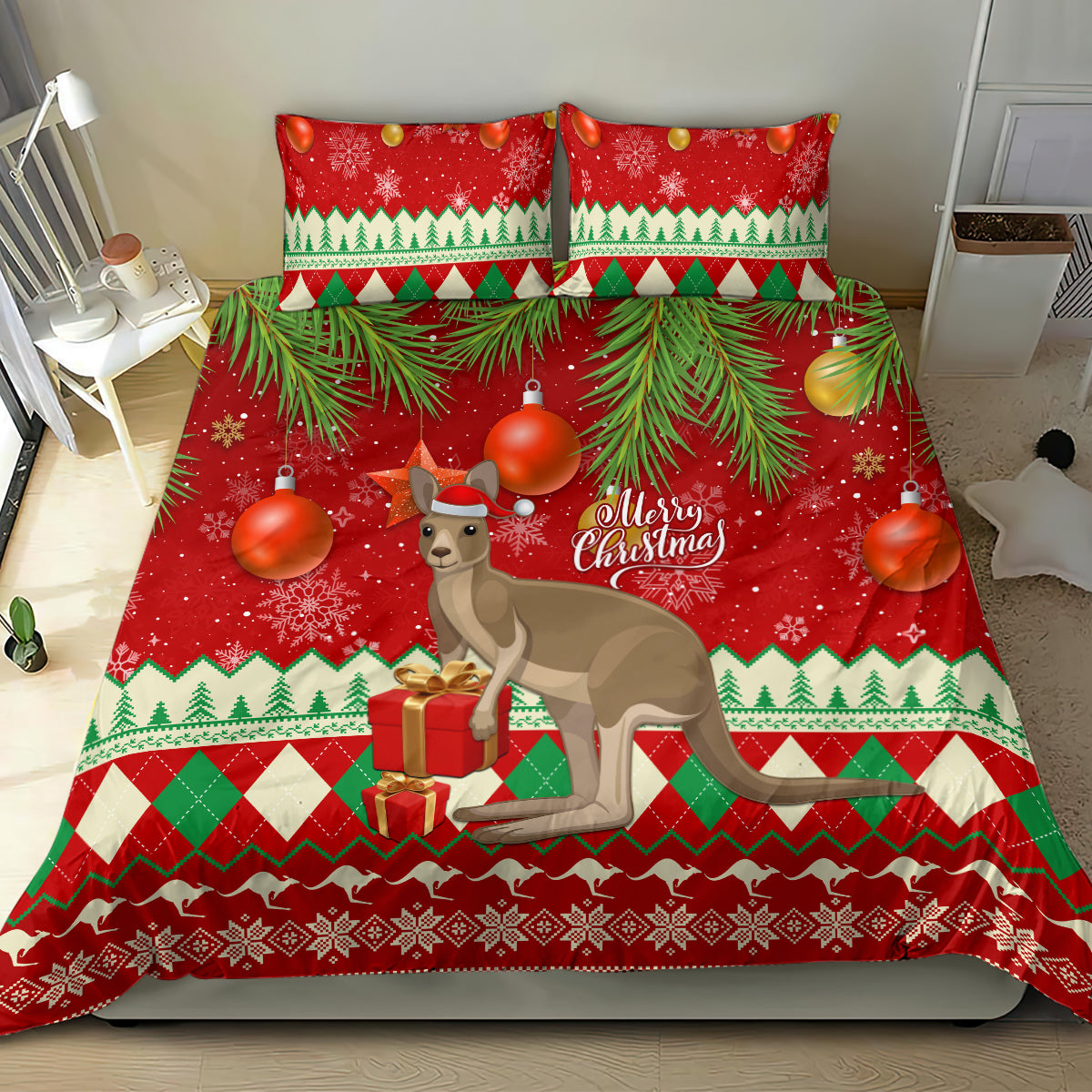 Australia Christmas Bedding Set Aussie Kangaroo Santa Merry Xmas - Vibe Hoodie Shop
