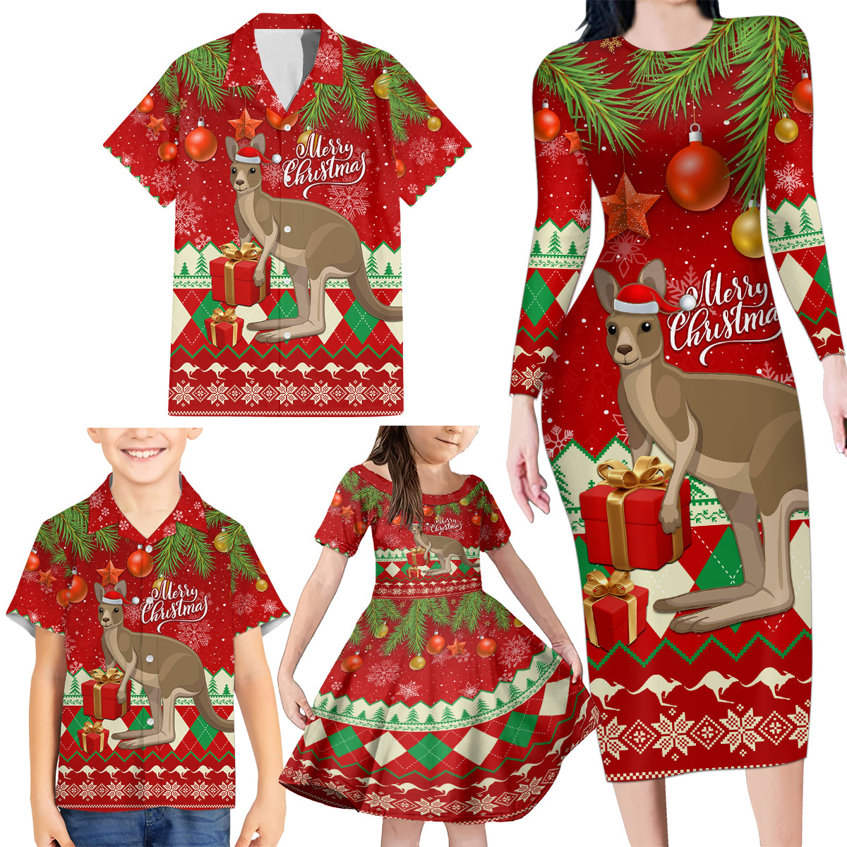 australia-christmas-family-matching-long-sleeve-bodycon-dress-and-hawaiian-shirt-aussie-kangaroo-santa-merry-xmas