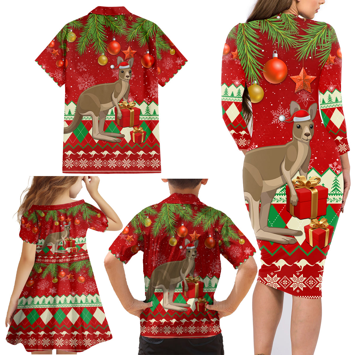 australia-christmas-family-matching-long-sleeve-bodycon-dress-and-hawaiian-shirt-aussie-kangaroo-santa-merry-xmas