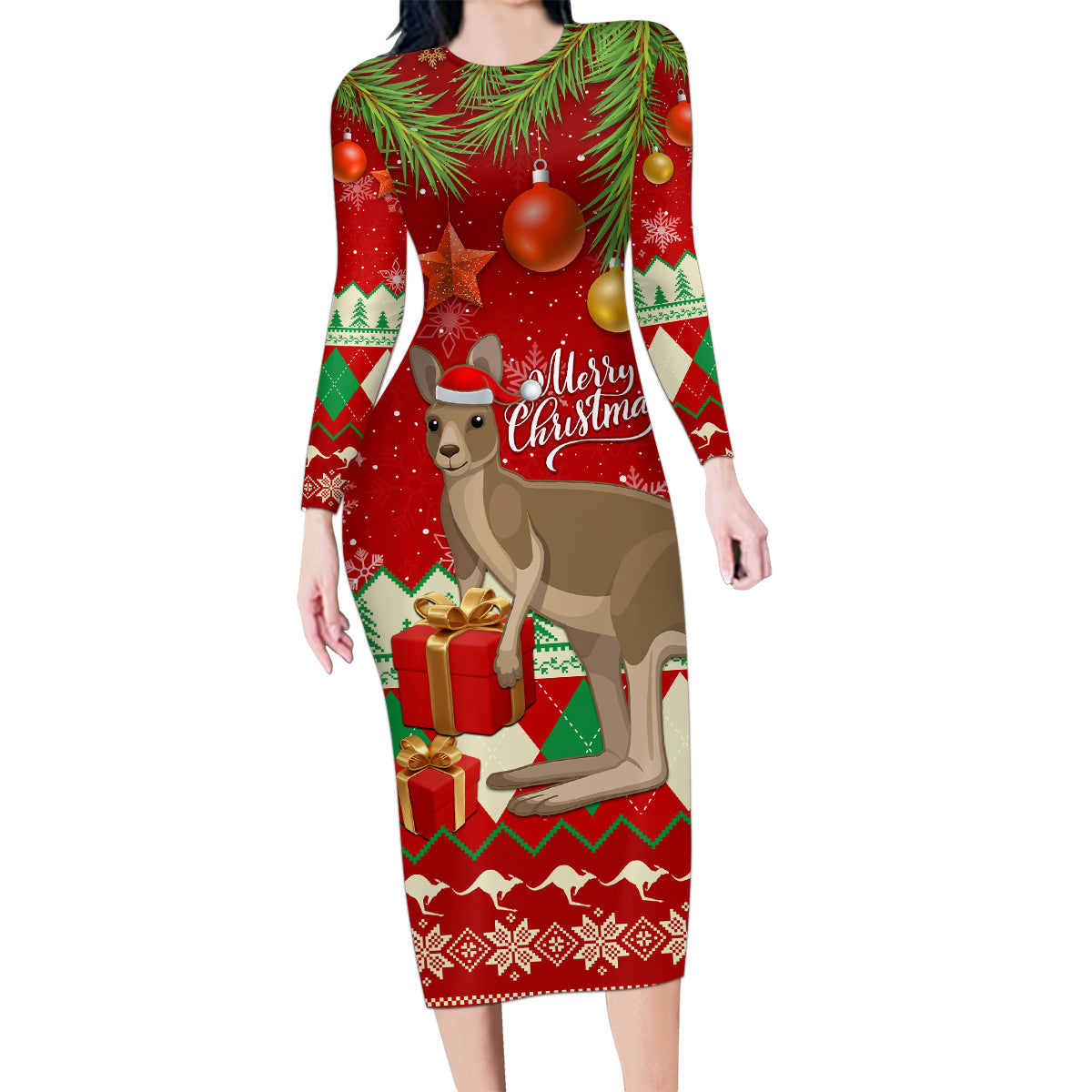 australia-christmas-family-matching-long-sleeve-bodycon-dress-and-hawaiian-shirt-aussie-kangaroo-santa-merry-xmas