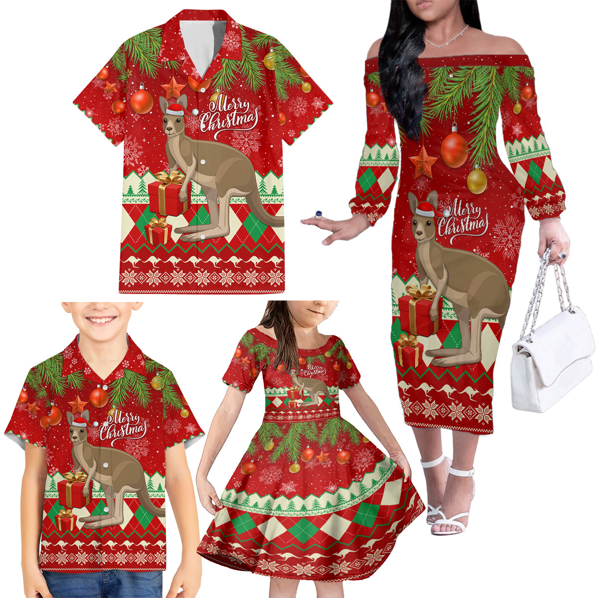 australia-christmas-family-matching-off-shoulder-long-sleeve-dress-and-hawaiian-shirt-aussie-kangaroo-santa-merry-xmas