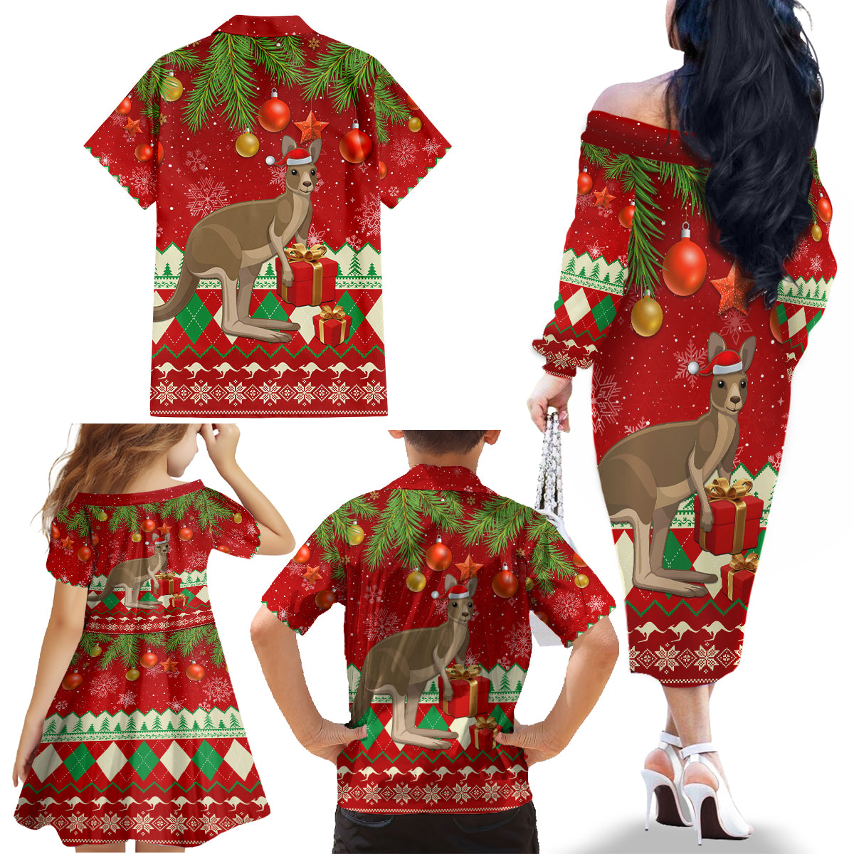 australia-christmas-family-matching-off-shoulder-long-sleeve-dress-and-hawaiian-shirt-aussie-kangaroo-santa-merry-xmas