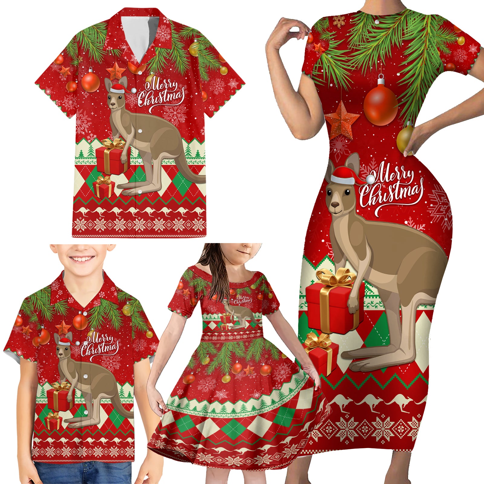 australia-christmas-family-matching-short-sleeve-bodycon-dress-and-hawaiian-shirt-aussie-kangaroo-santa-merry-xmas