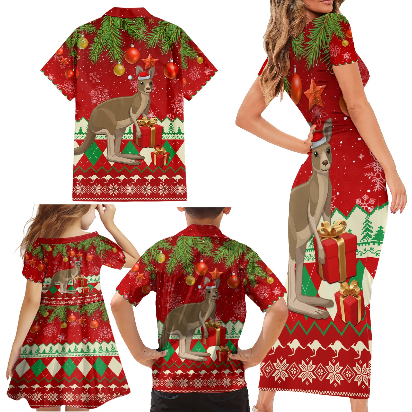 australia-christmas-family-matching-short-sleeve-bodycon-dress-and-hawaiian-shirt-aussie-kangaroo-santa-merry-xmas