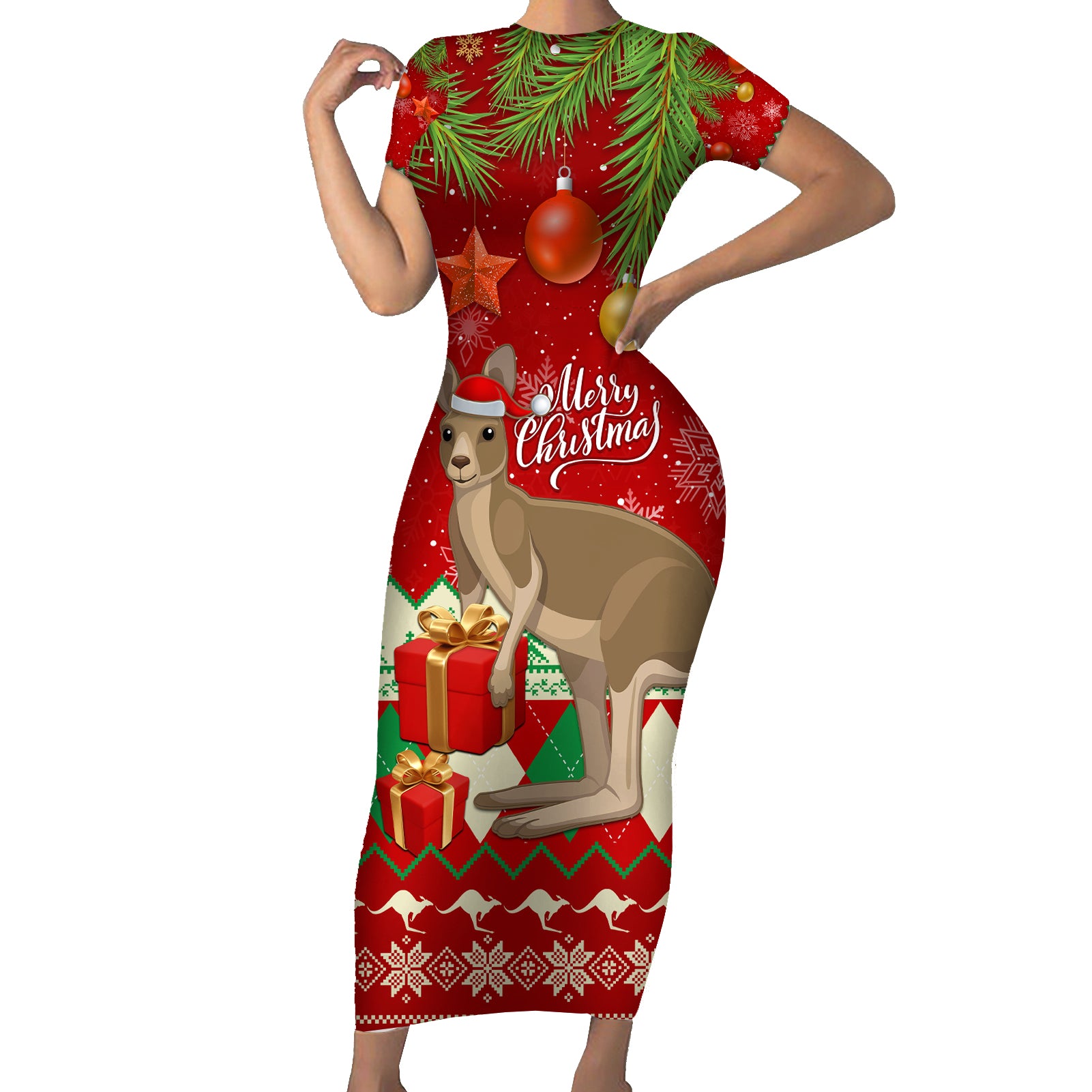 australia-christmas-family-matching-short-sleeve-bodycon-dress-and-hawaiian-shirt-aussie-kangaroo-santa-merry-xmas