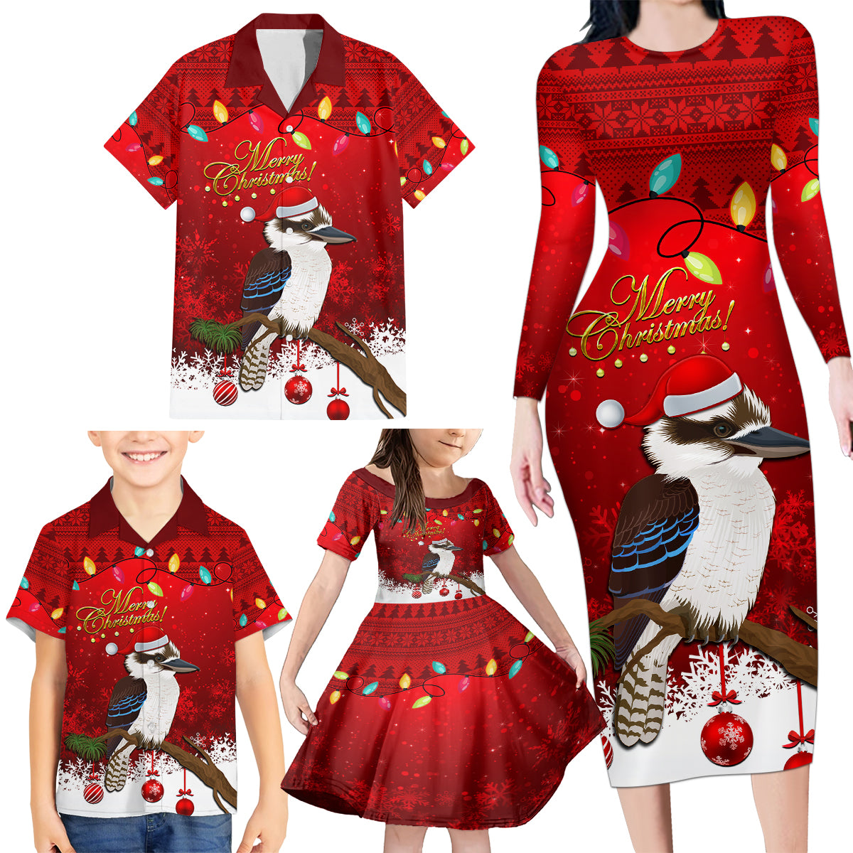 australia-christmas-family-matching-long-sleeve-bodycon-dress-and-hawaiian-shirt-aussie-kookaburra-santa-merry-xmas