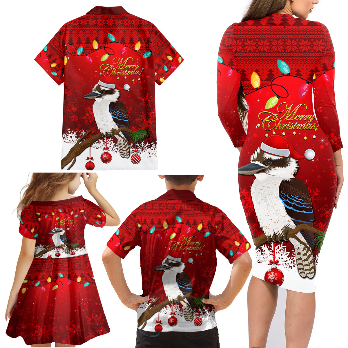 australia-christmas-family-matching-long-sleeve-bodycon-dress-and-hawaiian-shirt-aussie-kookaburra-santa-merry-xmas