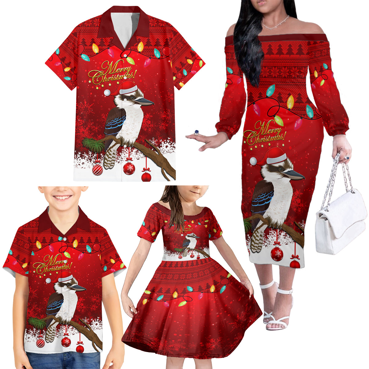 australia-christmas-family-matching-off-shoulder-long-sleeve-dress-and-hawaiian-shirt-aussie-kookaburra-santa-merry-xmas