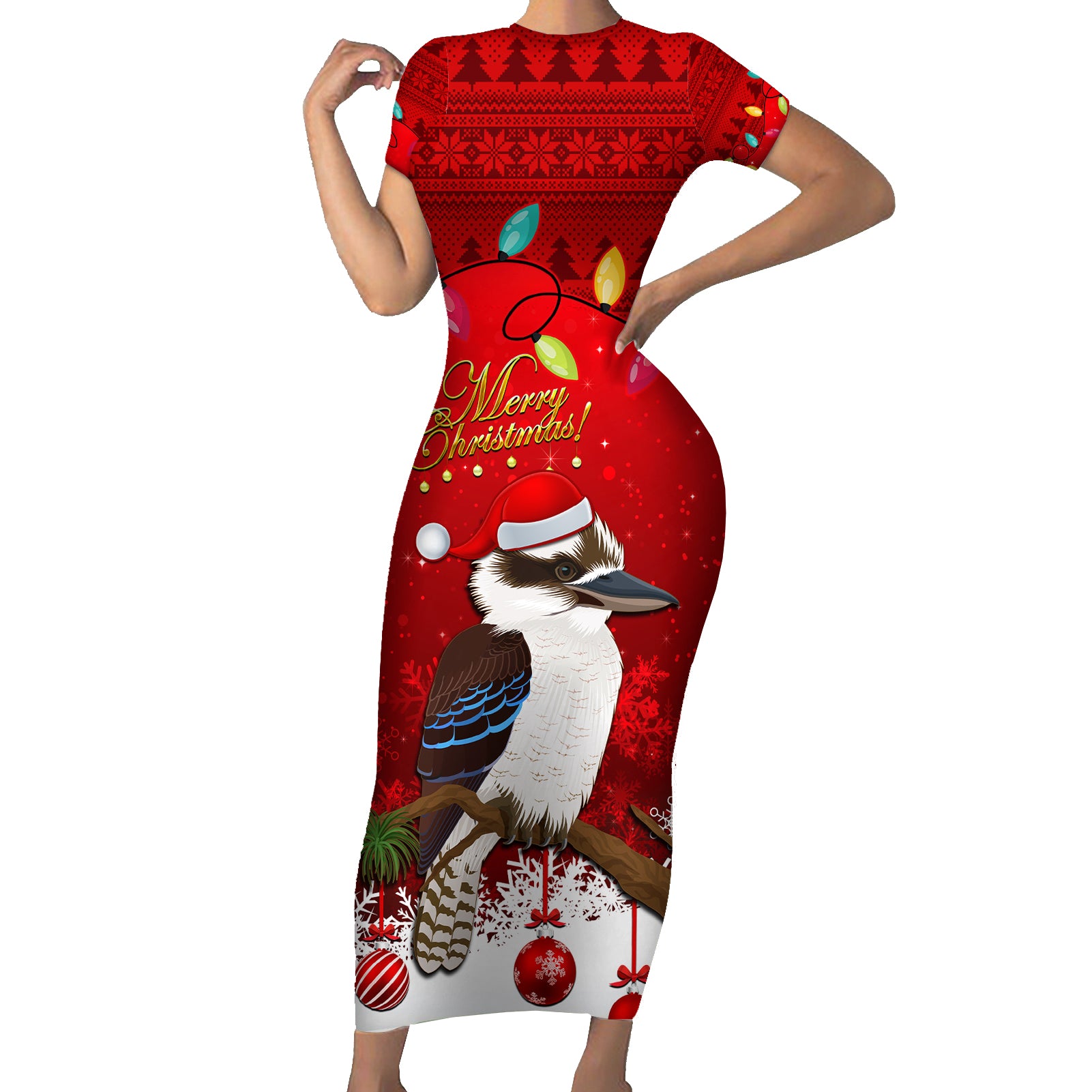 australia-christmas-short-sleeve-bodycon-dress-aussie-kookaburra-santa-merry-xmas