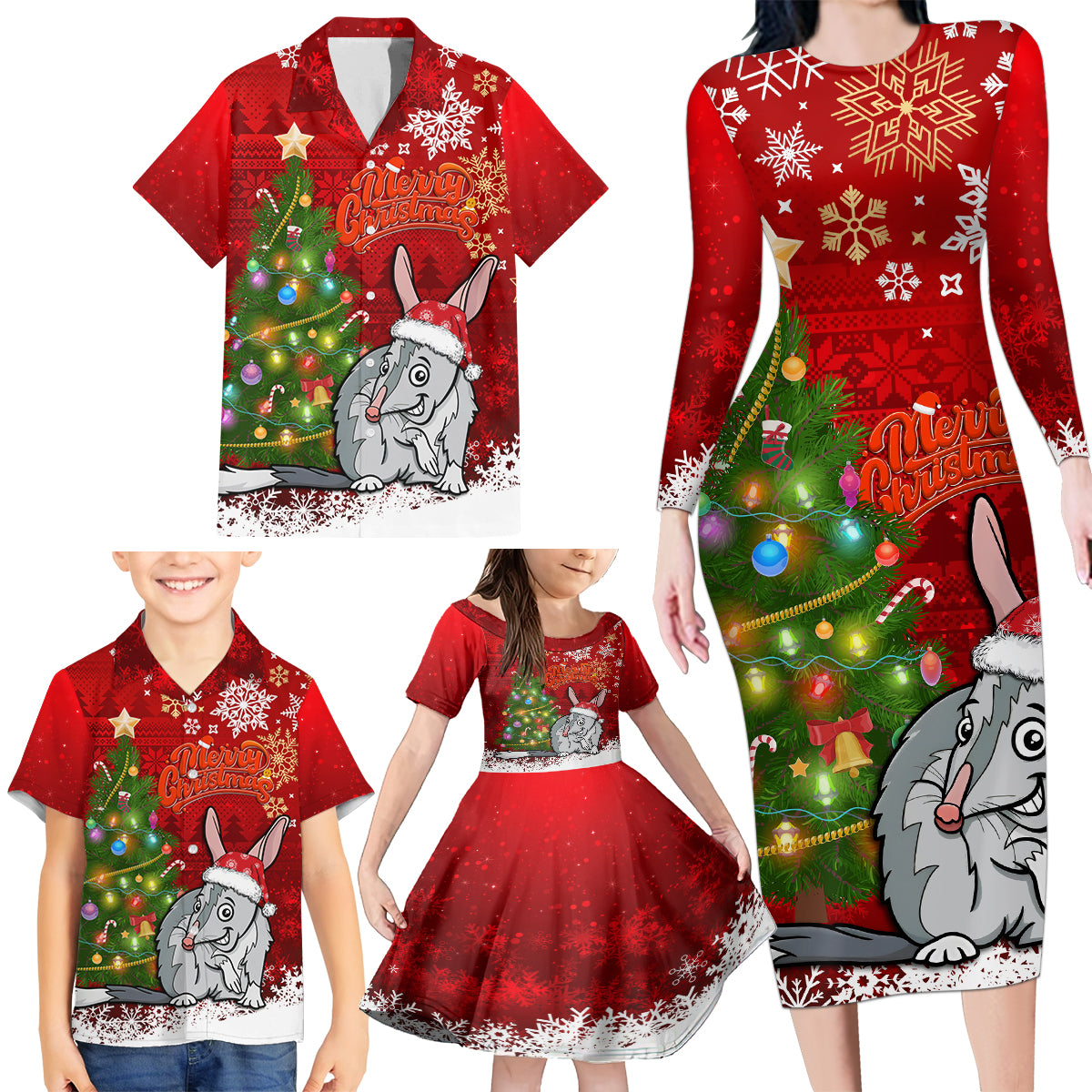 australia-christmas-family-matching-long-sleeve-bodycon-dress-and-hawaiian-shirt-aussie-bilby-santa-merry-xmas