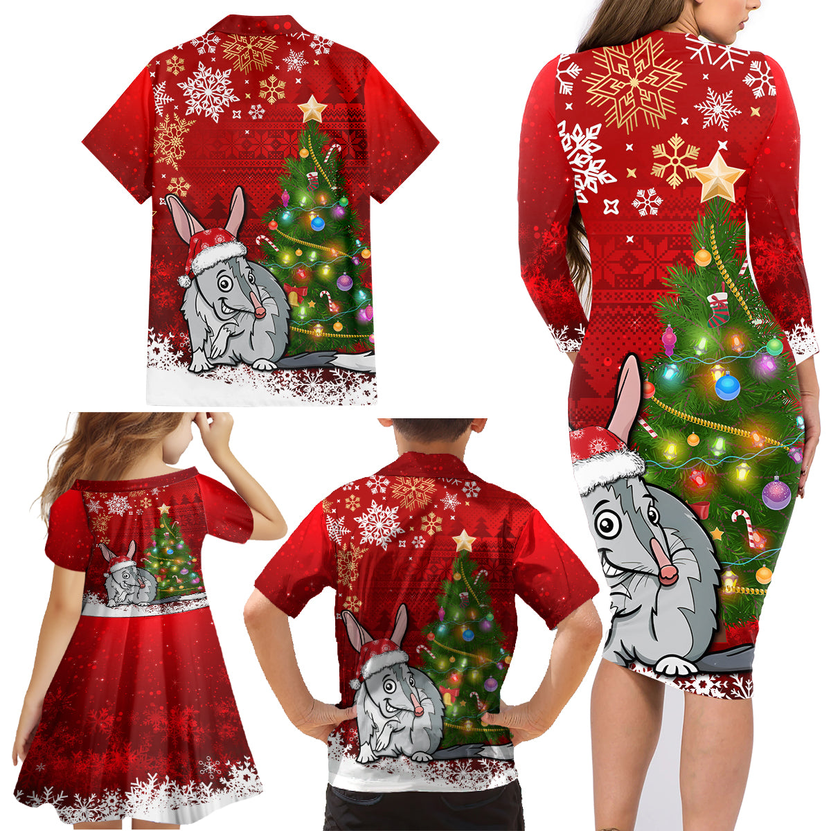 australia-christmas-family-matching-long-sleeve-bodycon-dress-and-hawaiian-shirt-aussie-bilby-santa-merry-xmas