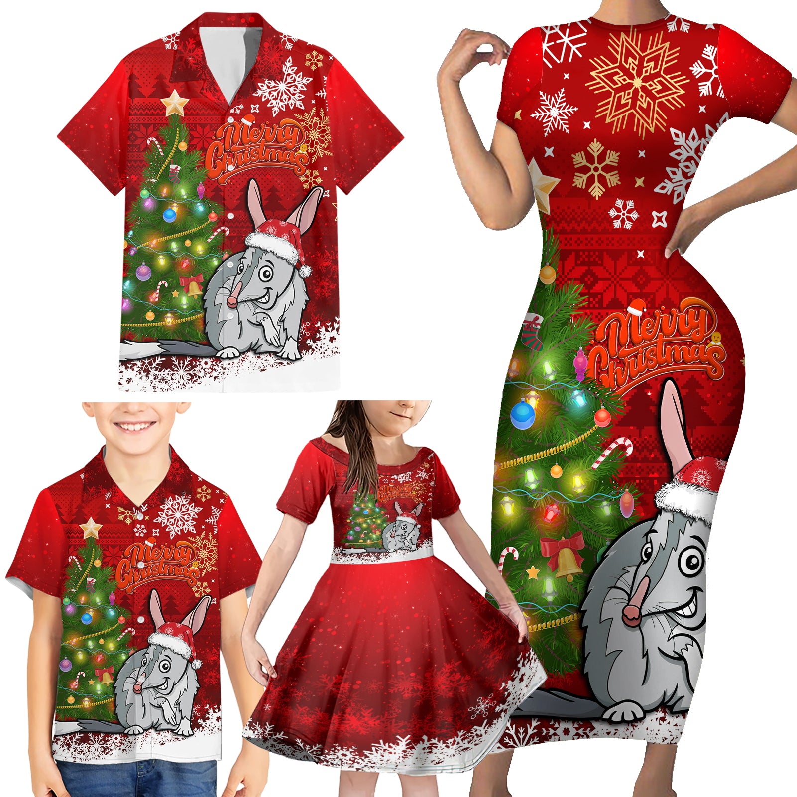 australia-christmas-family-matching-short-sleeve-bodycon-dress-and-hawaiian-shirt-aussie-bilby-santa-merry-xmas