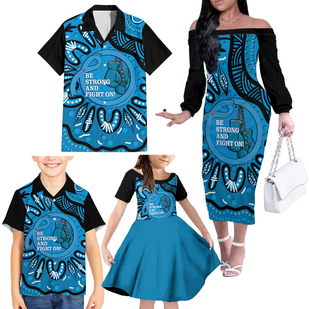 Australia Diabetes Awareness Month Family Matching Off The Shoulder Long Sleeve Dress and Hawaiian Shirt Be Strong And Fight On Aboriginal Art