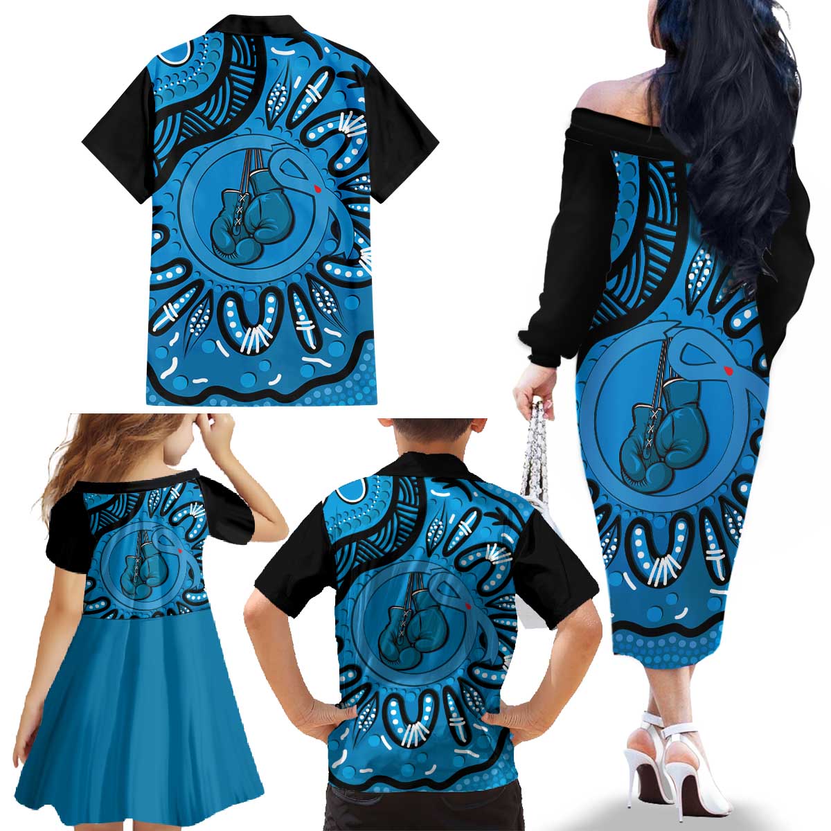 Australia Diabetes Awareness Month Family Matching Off The Shoulder Long Sleeve Dress and Hawaiian Shirt Be Strong And Fight On Aboriginal Art