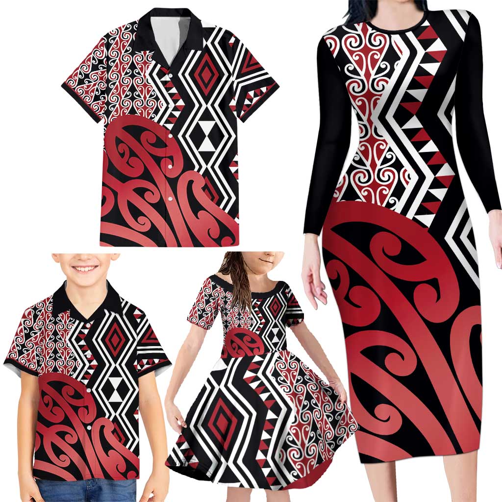 New Zealand Family Matching Long Sleeve Bodycon Dress and Hawaiian Shirt Aotearoa Kowhaiwhai Mix Taniko Art - Red