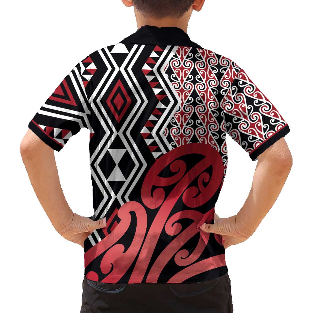 New Zealand Family Matching Long Sleeve Bodycon Dress and Hawaiian Shirt Aotearoa Kowhaiwhai Mix Taniko Art - Red