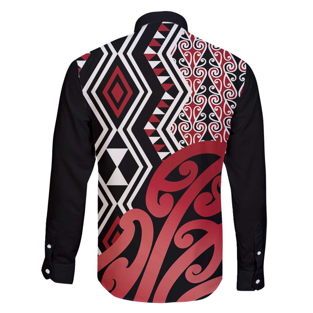 New Zealand Family Matching Long Sleeve Bodycon Dress and Hawaiian Shirt Aotearoa Kowhaiwhai Mix Taniko Art - Red