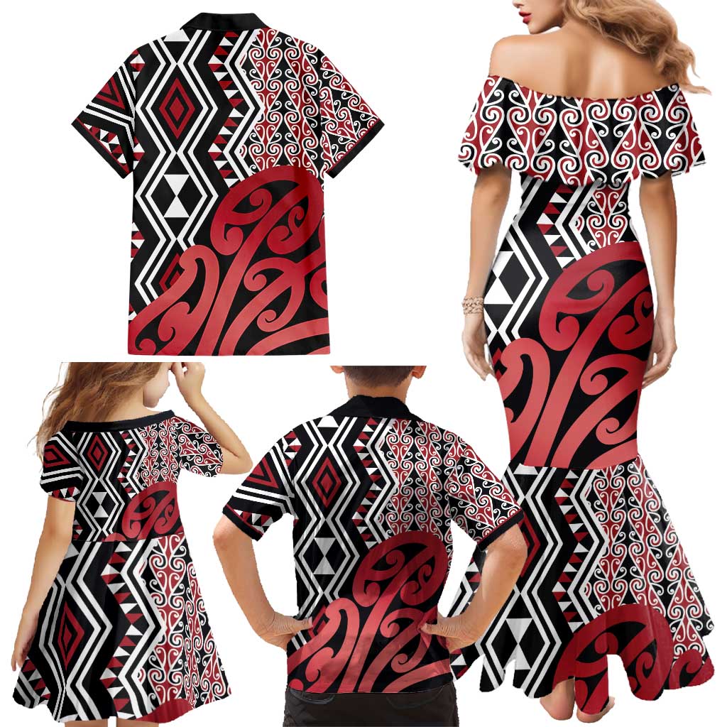 New Zealand Family Matching Mermaid Dress and Hawaiian Shirt Aotearoa Kowhaiwhai Mix Taniko Art - Red