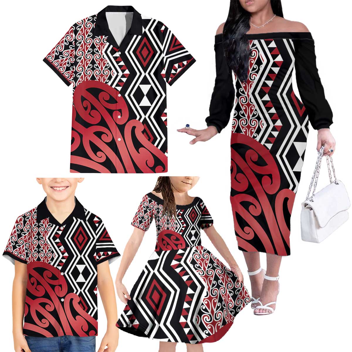 New Zealand Family Matching Off The Shoulder Long Sleeve Dress and Hawaiian Shirt Aotearoa Kowhaiwhai Mix Taniko Art - Red