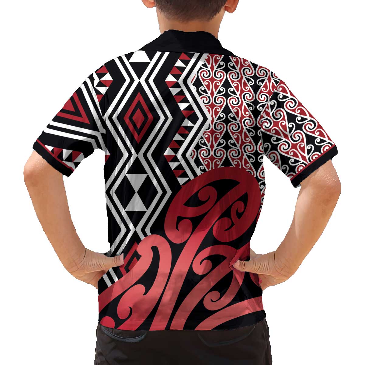 New Zealand Family Matching Off The Shoulder Long Sleeve Dress and Hawaiian Shirt Aotearoa Kowhaiwhai Mix Taniko Art - Red