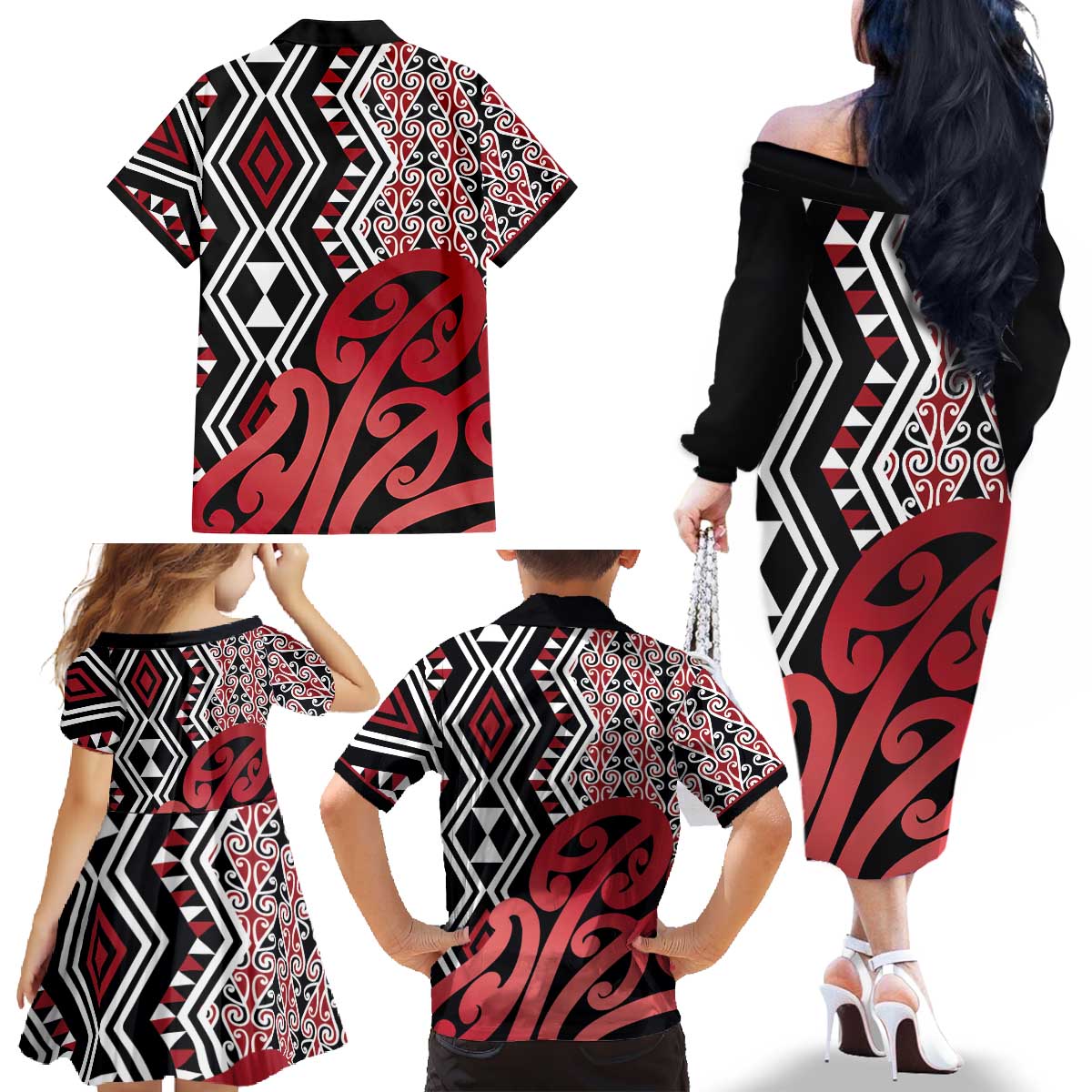 New Zealand Family Matching Off The Shoulder Long Sleeve Dress and Hawaiian Shirt Aotearoa Kowhaiwhai Mix Taniko Art - Red