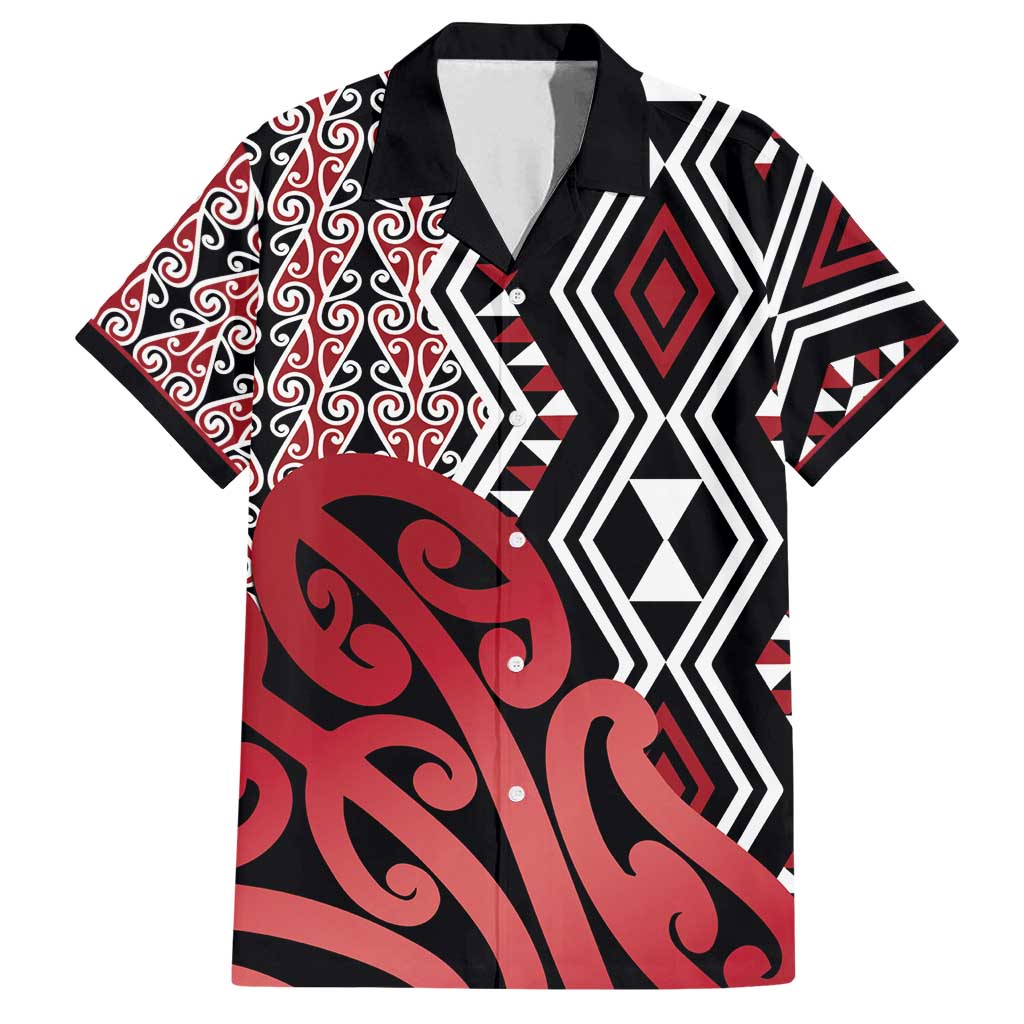 New Zealand Family Matching Off Shoulder Maxi Dress and Hawaiian Shirt Aotearoa Kowhaiwhai Mix Taniko Art - Red