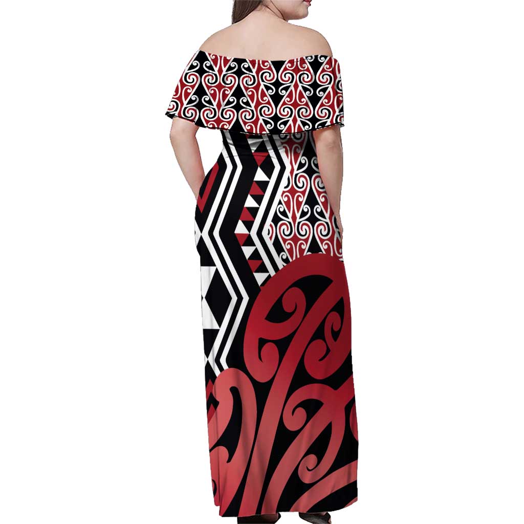 New Zealand Family Matching Off Shoulder Maxi Dress and Hawaiian Shirt Aotearoa Kowhaiwhai Mix Taniko Art - Red