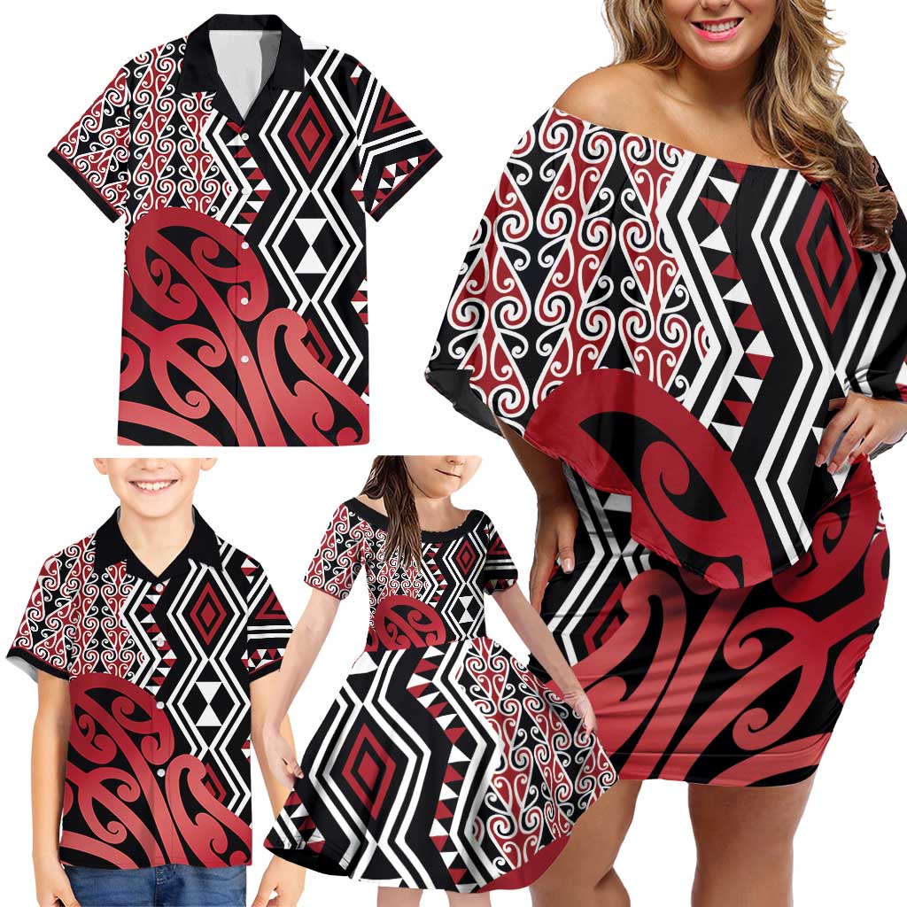 New Zealand Family Matching Off Shoulder Short Dress and Hawaiian Shirt Aotearoa Kowhaiwhai Mix Taniko Art - Red