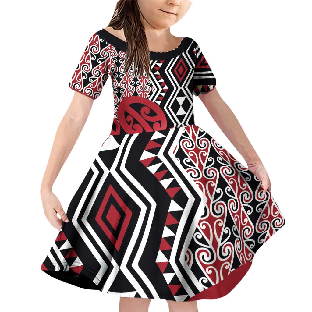 New Zealand Family Matching Off Shoulder Short Dress and Hawaiian Shirt Aotearoa Kowhaiwhai Mix Taniko Art - Red