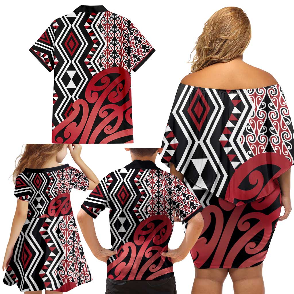 New Zealand Family Matching Off Shoulder Short Dress and Hawaiian Shirt Aotearoa Kowhaiwhai Mix Taniko Art - Red