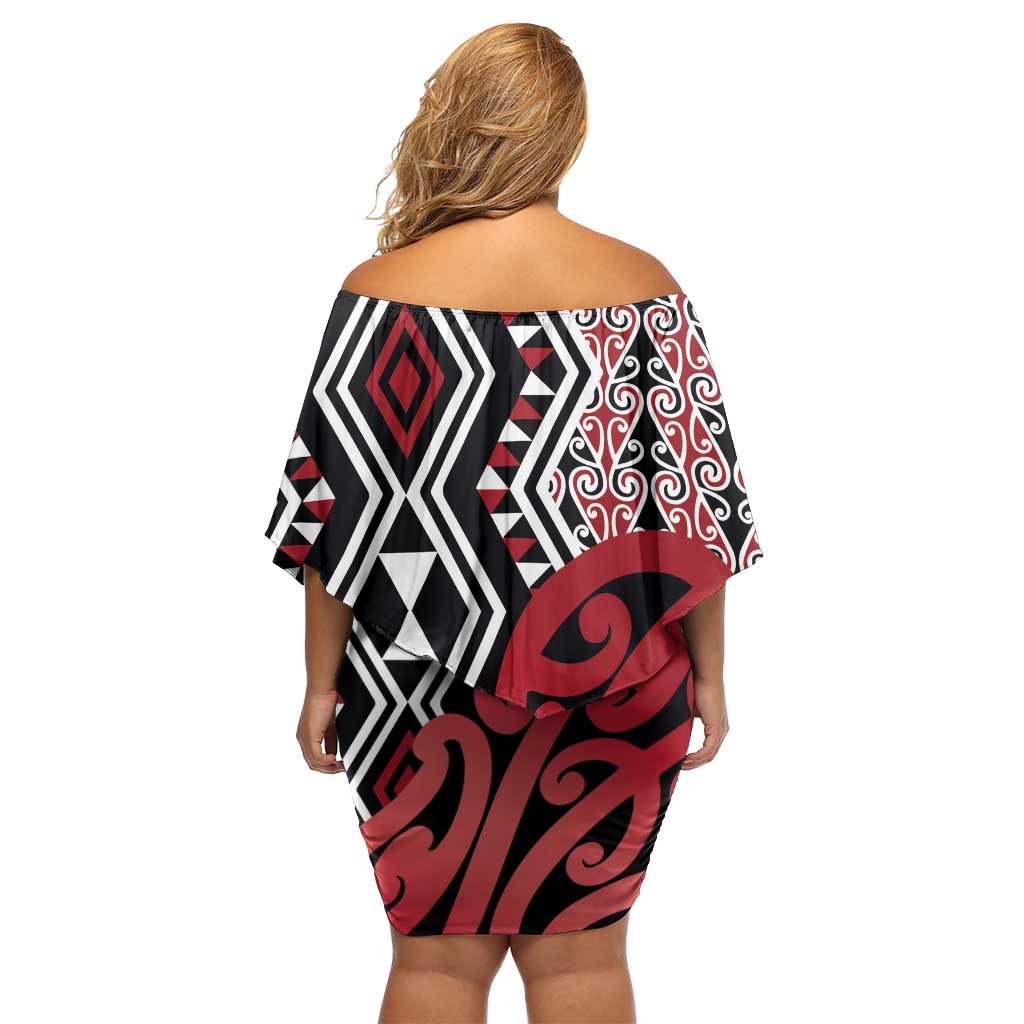 New Zealand Family Matching Off Shoulder Short Dress and Hawaiian Shirt Aotearoa Kowhaiwhai Mix Taniko Art - Red