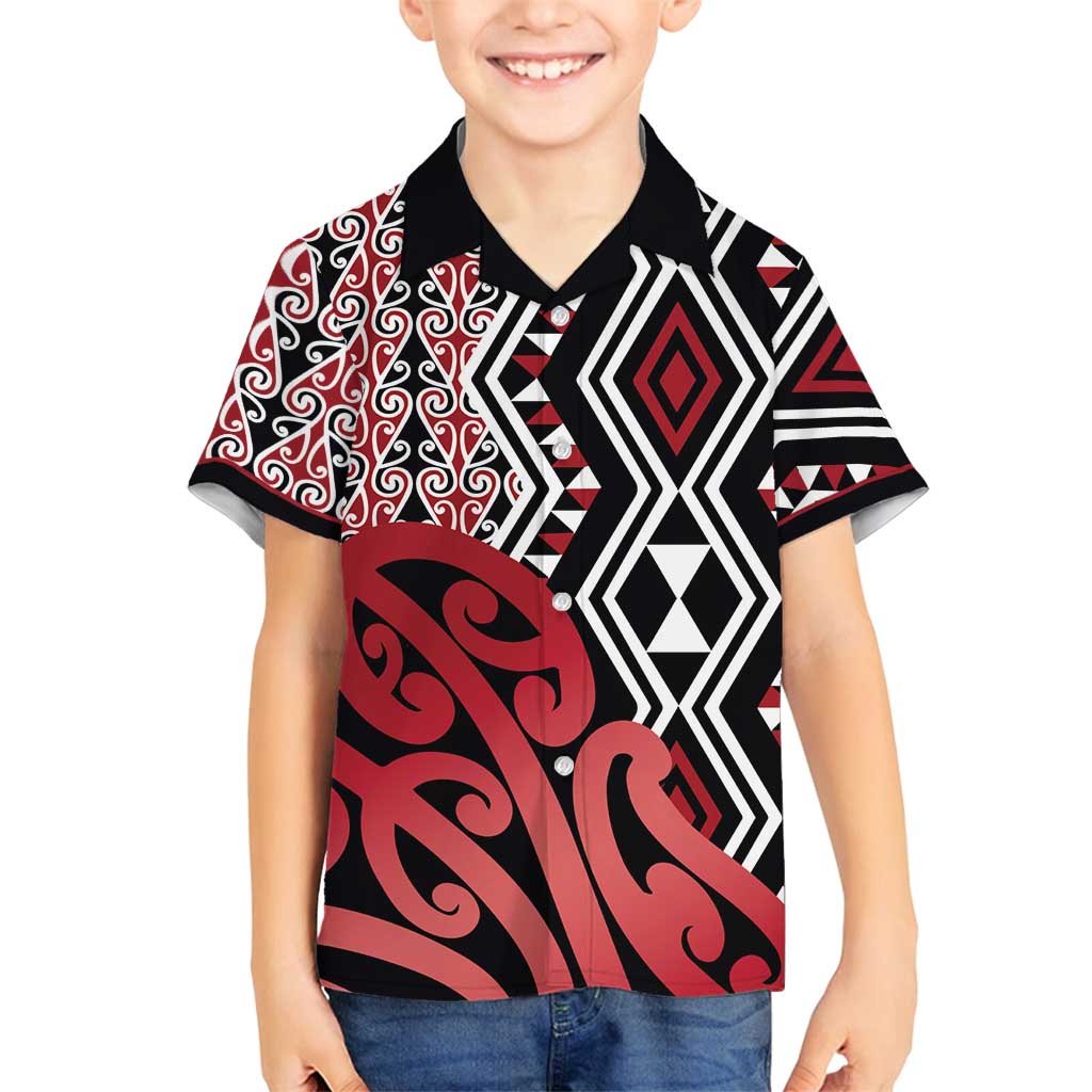 New Zealand Family Matching Off Shoulder Short Dress and Hawaiian Shirt Aotearoa Kowhaiwhai Mix Taniko Art - Red