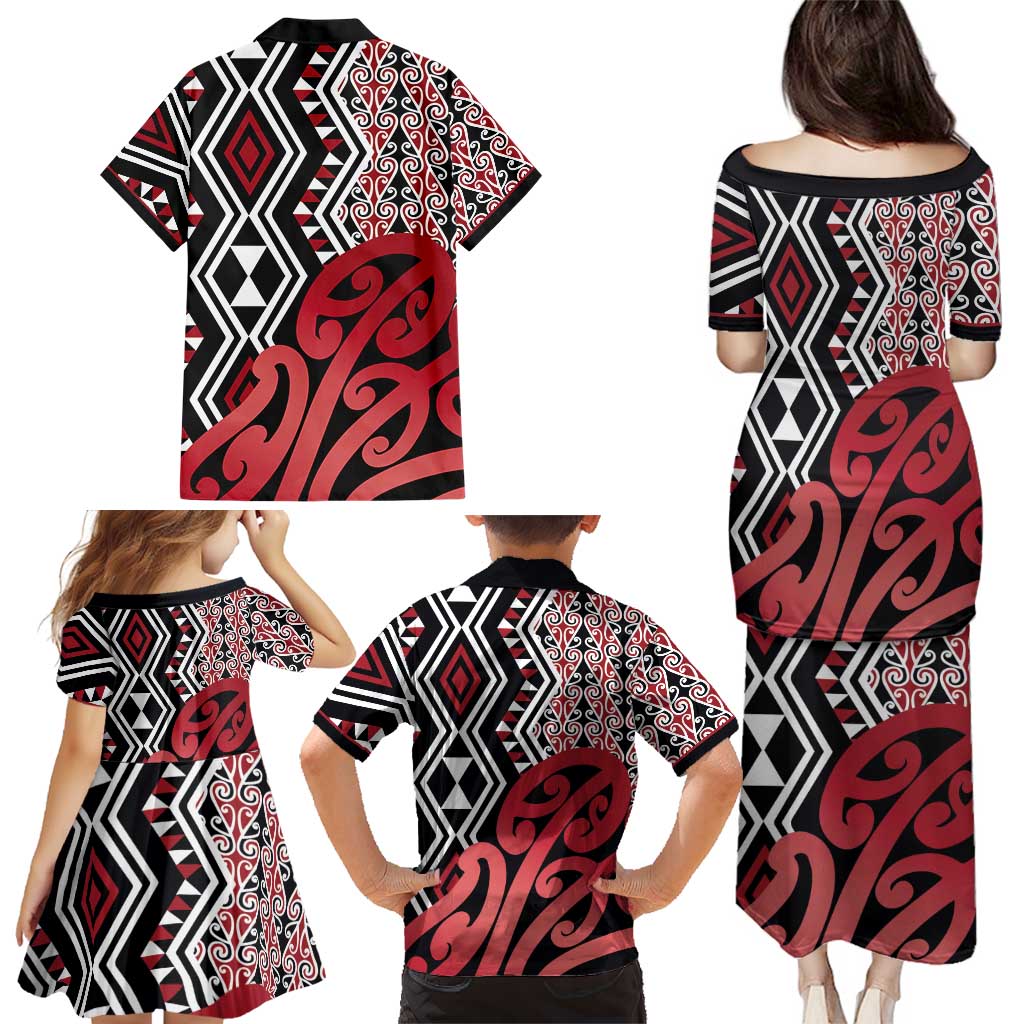 New Zealand Family Matching Puletasi and Hawaiian Shirt Aotearoa Kowhaiwhai Mix Taniko Art - Red