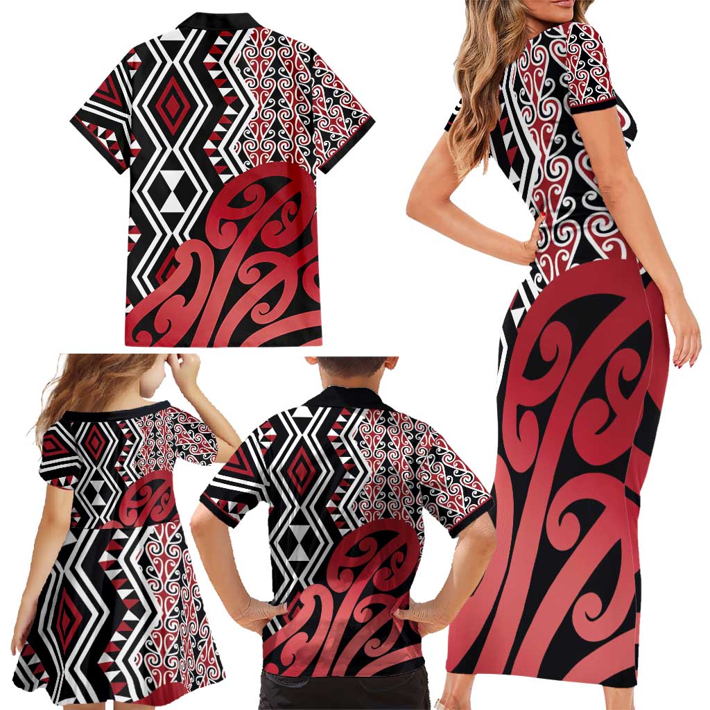 New Zealand Family Matching Short Sleeve Bodycon Dress and Hawaiian Shirt Aotearoa Kowhaiwhai Mix Taniko Art - Red