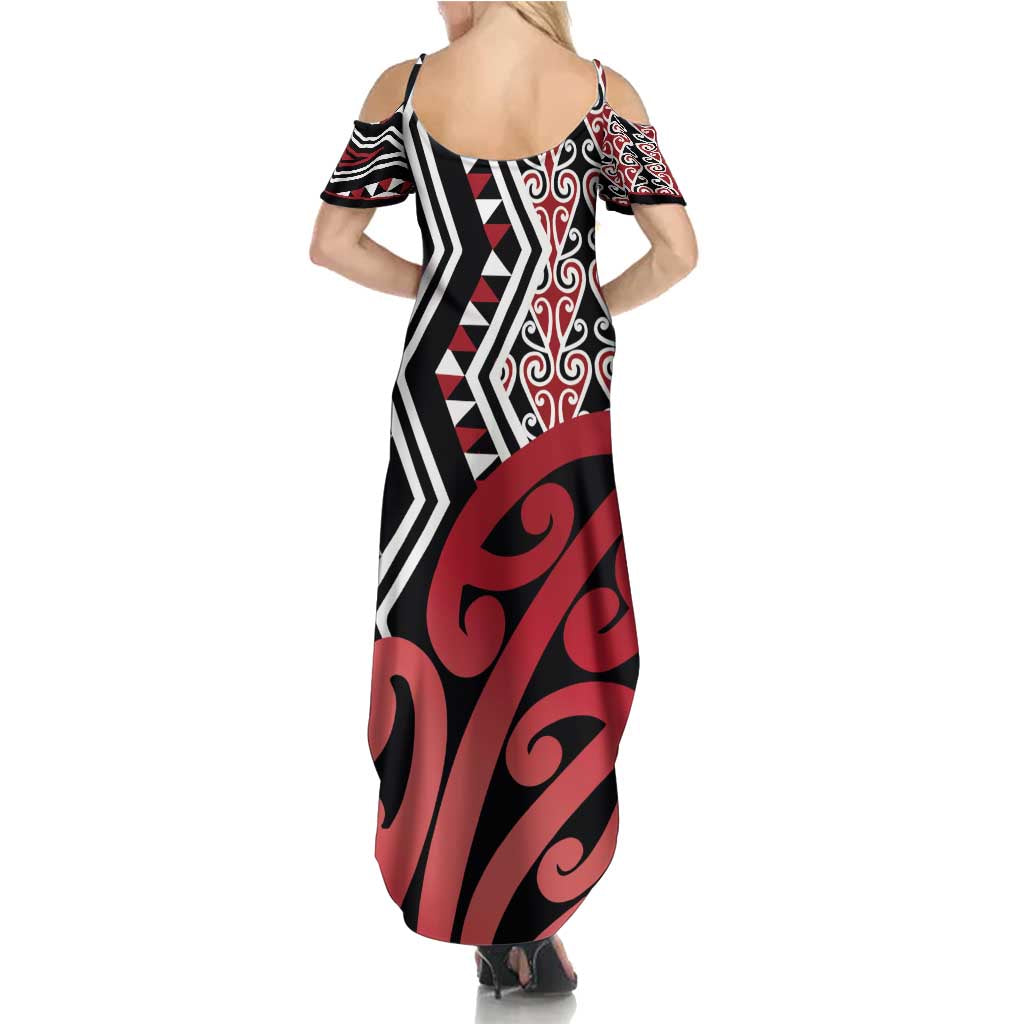 New Zealand Family Matching Summer Maxi Dress and Hawaiian Shirt Aotearoa Kowhaiwhai Mix Taniko Art - Red