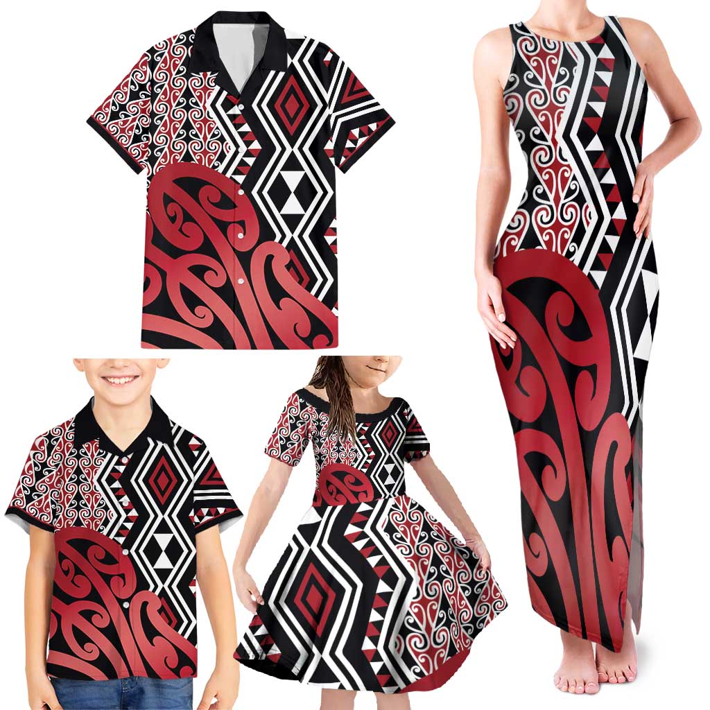 New Zealand Family Matching Tank Maxi Dress and Hawaiian Shirt Aotearoa Kowhaiwhai Mix Taniko Art - Red