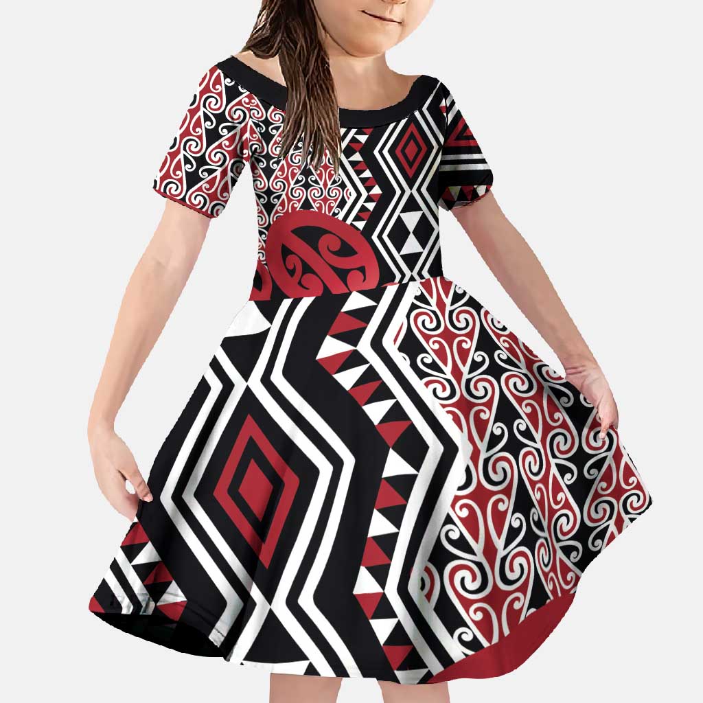 New Zealand Family Matching Tank Maxi Dress and Hawaiian Shirt Aotearoa Kowhaiwhai Mix Taniko Art - Red