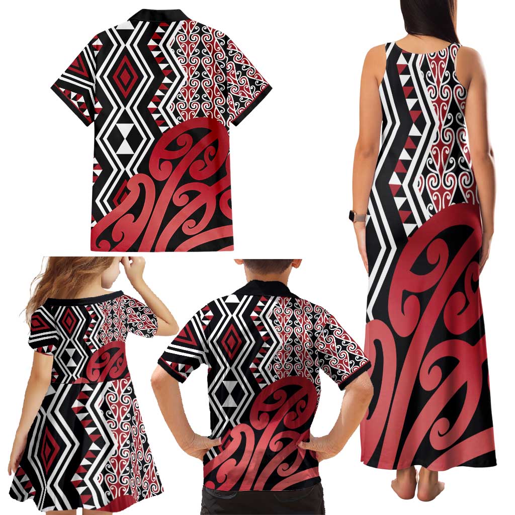 New Zealand Family Matching Tank Maxi Dress and Hawaiian Shirt Aotearoa Kowhaiwhai Mix Taniko Art - Red