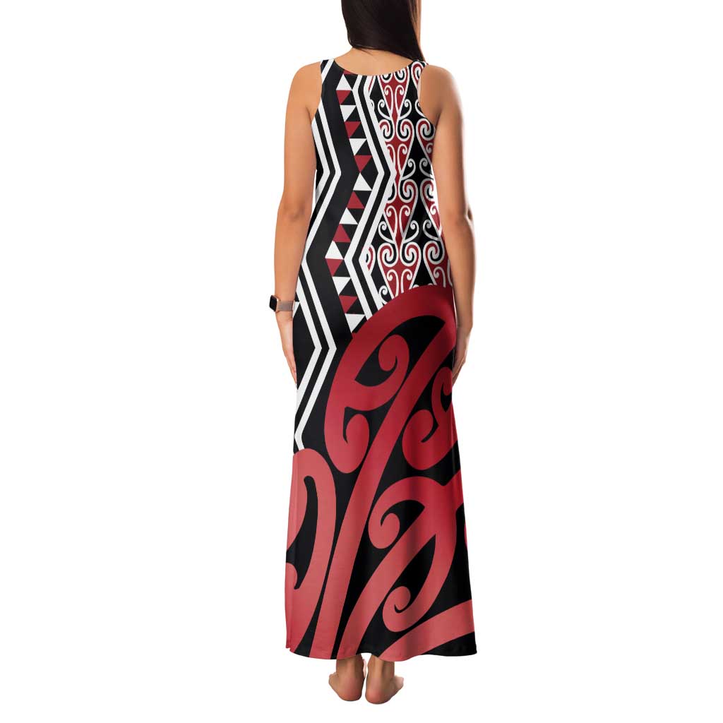 New Zealand Family Matching Tank Maxi Dress and Hawaiian Shirt Aotearoa Kowhaiwhai Mix Taniko Art - Red