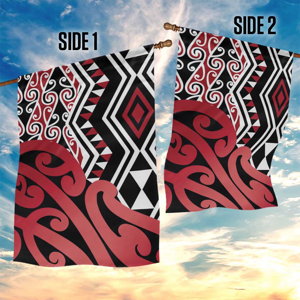 New Zealand Garden Flag Aotearoa Kowhaiwhai Mix Taniko Art - Red - Vibe Hoodie Shop