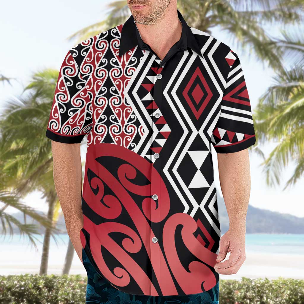 New Zealand Hawaiian Shirt Aotearoa Kowhaiwhai Mix Taniko Art - Red - Vibe Hoodie Shop