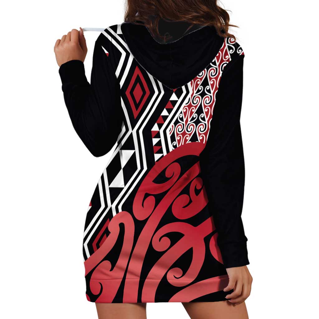 New Zealand Hoodie Dress Aotearoa Kowhaiwhai Mix Taniko Art - Red - Vibe Hoodie Shop