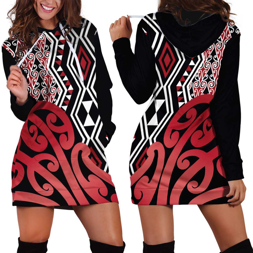 New Zealand Hoodie Dress Aotearoa Kowhaiwhai Mix Taniko Art - Red - Vibe Hoodie Shop