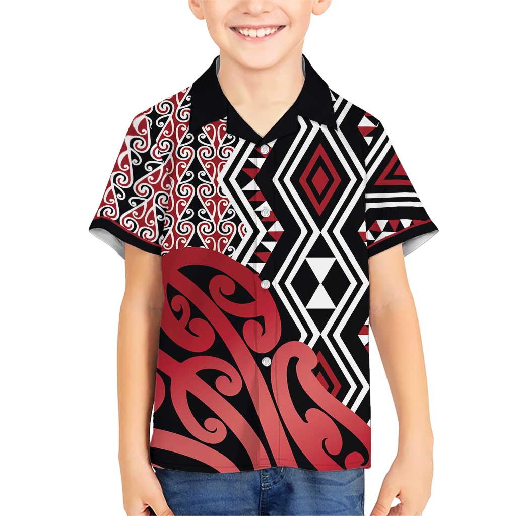 New Zealand Kid Hawaiian Shirt Aotearoa Kowhaiwhai Mix Taniko Art - Red