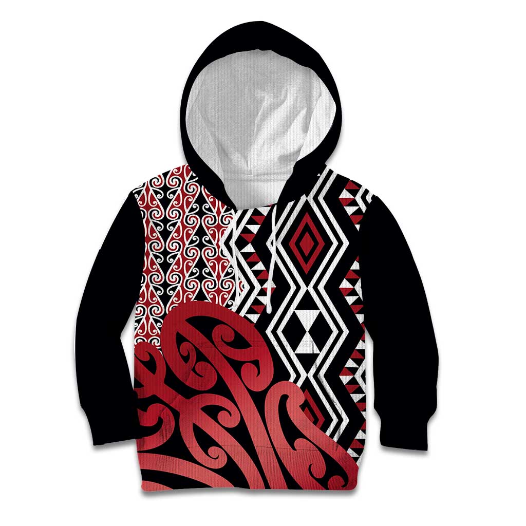 New Zealand Kid Hoodie Aotearoa Kowhaiwhai Mix Taniko Art - Red - Vibe Hoodie Shop