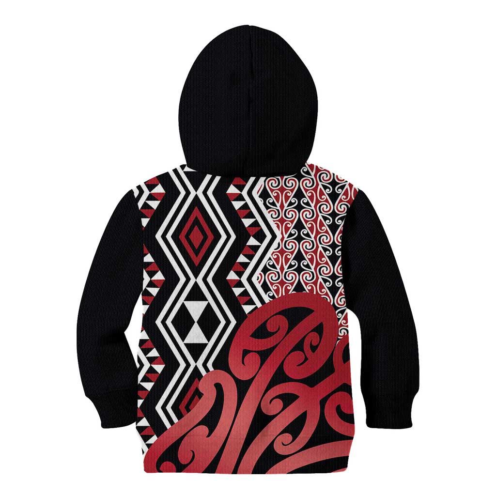 New Zealand Kid Hoodie Aotearoa Kowhaiwhai Mix Taniko Art - Red - Vibe Hoodie Shop