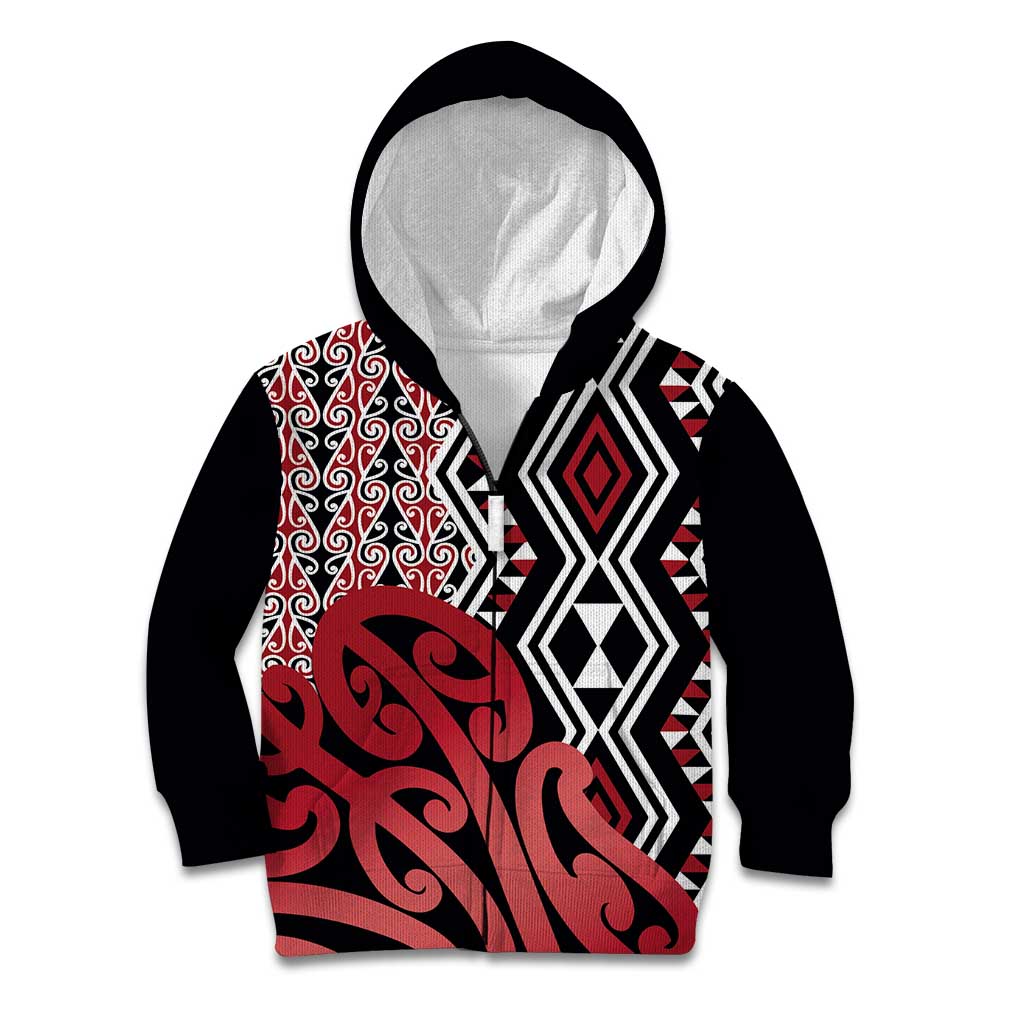 New Zealand Kid Hoodie Aotearoa Kowhaiwhai Mix Taniko Art - Red - Vibe Hoodie Shop