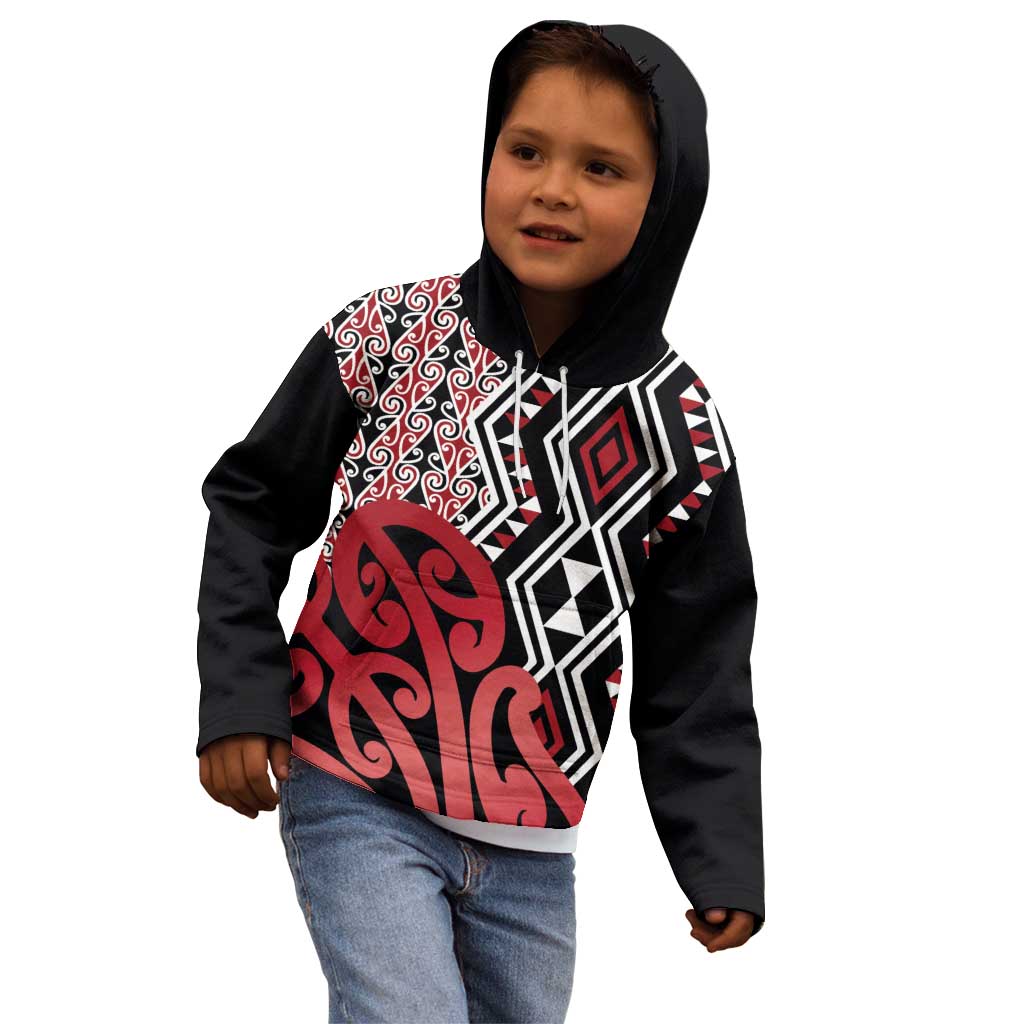 New Zealand Kid Hoodie Aotearoa Kowhaiwhai Mix Taniko Art - Red - Vibe Hoodie Shop