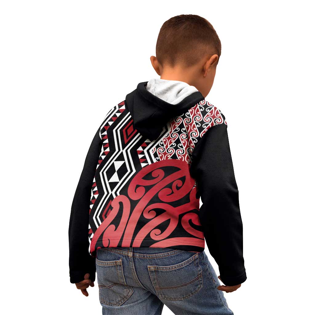 New Zealand Kid Hoodie Aotearoa Kowhaiwhai Mix Taniko Art - Red - Vibe Hoodie Shop