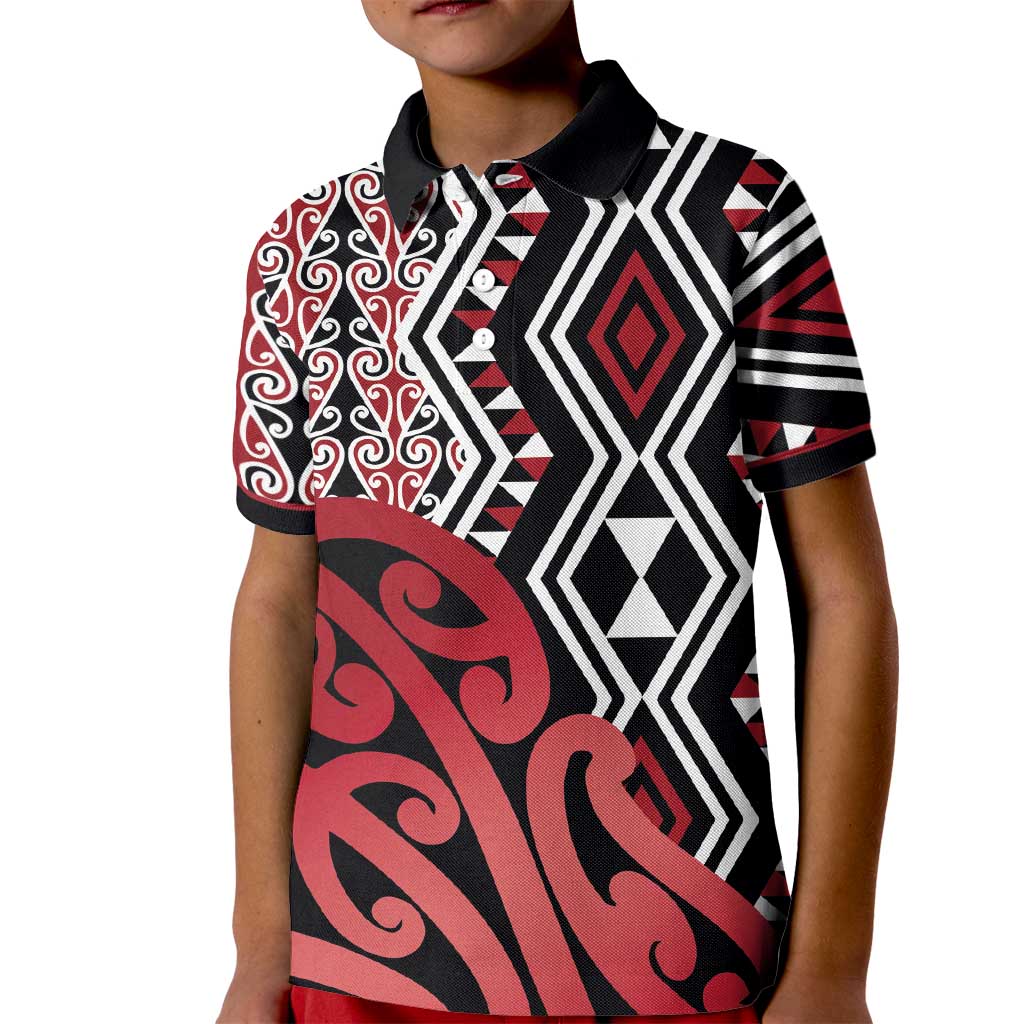 New Zealand Kid Polo Shirt Aotearoa Kowhaiwhai Mix Taniko Art - Red - Vibe Hoodie Shop